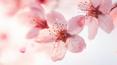 Beautiful close-up of pink cherry blossom flowers adorned with raindrops, capturing the essence of spring. A soft background enhances the delicate features of the blossoms.の素材