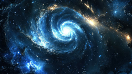 This stunning image of a spiral galaxy showcases vibrant blue and golden swirls, representing the majestic and mysterious beauty of the cosmos and our universe.の素材