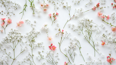 This image presents a soft and delicate floral display, featuring various small flowers and greenery artfully arranged on a clean white background, perfect for spring themes.の素材
