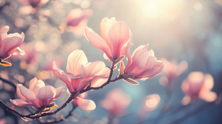 A close-up view of gorgeous pink magnolia blooms illuminated by soft morning light, creating a tranquil and dreamy atmosphere that celebrates nature's beauty in spring.の素材