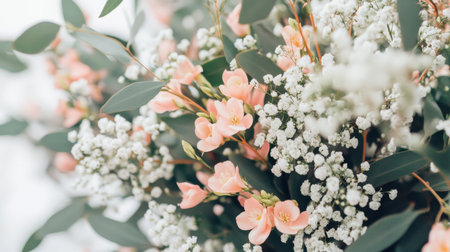 A beautiful close-up image of pink flowers intertwined with white baby's breath, creating an elegant floral display perfect for nature lovers and photography enthusiasts.の素材