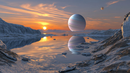 Experience the breathtaking beauty of an alien world at sunset with a tranquil lake reflecting distant planets and colorful clouds in a surreal landscape.の素材
