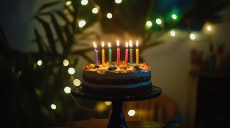A beautiful birthday cake adorned with colorful candles and surrounded by soft bokeh lights, perfect for capturing joyful celebrations and sweet moments with loved ones.の素材