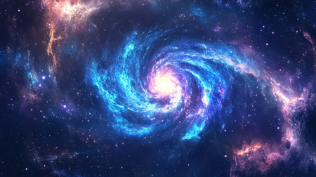An awe-inspiring view of a colorful spiral galaxy with deep blues and purples, set against a backdrop of twinkling stars, showcasing the beauty and mystery of the vast cosmos.の素材