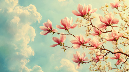 This stunning image captures vibrant pink magnolia flowers elegantly blooming against a serene blue sky with soft, fluffy clouds, perfect for nature enthusiasts.の素材