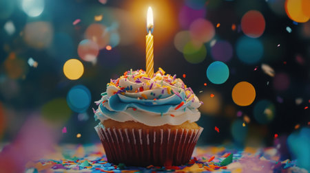 A vibrant cupcake with blue icing and a candle, set against a backdrop of colorful bokeh and confetti, perfect for birthday celebrations and festive events.の素材