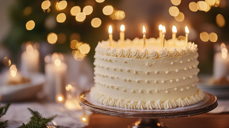 A beautifully crafted white birthday cake with soft frosting and candles, set in a warm, festive atmosphere enhanced by soft lights and seasonal decor, ideal for special occasions.の素材