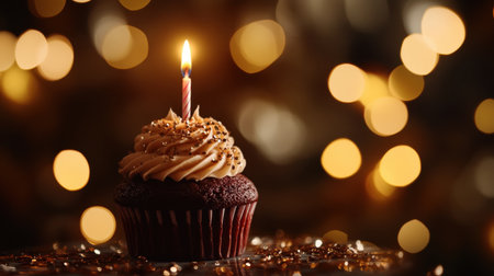 A stunning cupcake featuring rich chocolate frosting and a candle, elegantly set against a backdrop of shimmering golden lights, perfect for celebrations and sweet moments.の素材