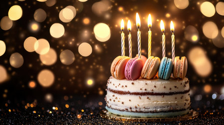 A vibrant birthday cake adorned with colorful macarons and topped with lit candles, surrounded by sparkling bokeh lights to create a joyful celebration atmosphere.の素材