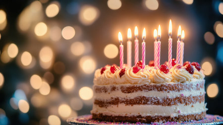 A delightful birthday cake adorned with candles and raspberries, set against a captivating bokeh backdrop, embodying the essence of joyful celebrations and sweet indulgence.の素材