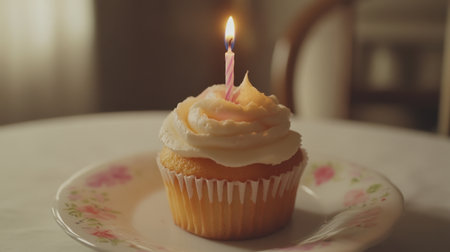 A beautifully crafted birthday cupcake with a pink candle sits on a floral plate, embodying joy and warmth, perfect for celebration and sweet moments.の素材