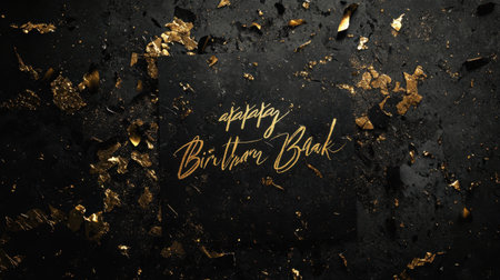 This stunning black and gold background features a cracked texture with elegant typography, perfect for invitations, celebrations, and luxurious design projects.の素材