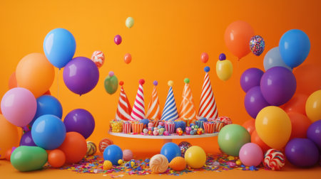 A vibrant and cheerful birthday party scene featuring colorful balloons, candies, and a lovely cake, all set against a striking orange backdrop, ideal for celebration themes.の素材