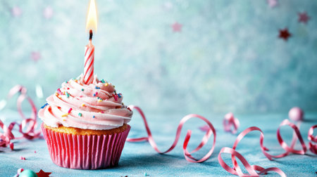 A charming cupcake with pink frosting and a burning candle, surrounded by colorful sprinkles and ribbons, perfect for birthday parties and joyful celebrations.の素材