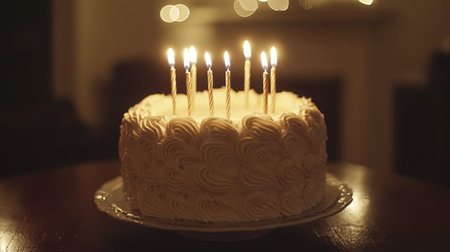 A beautiful round cake adorned with smooth frosting and lit candles, set against a soft-focus light background, perfect for festive celebrations and birthdays, embodying joy and warmth.の素材