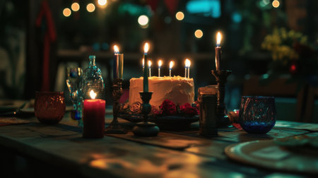 A beautifully arranged dinner scene featuring a decadent cake surrounded by flickering candles, creating a warm and romantic atmosphere perfect for special occasions and gatherings.の素材