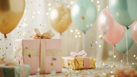 This vibrant scene showcases beautifully wrapped gifts and colorful balloons, perfect for celebrating special moments with joy, laughter, and a festive atmosphere.の素材