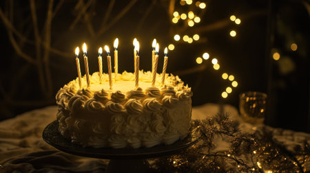 A beautifully decorated cake with lit candles sits in a dark setting illuminated by twinkling lights, perfect for adding a touch of magic to any celebration or special occasion.の素材