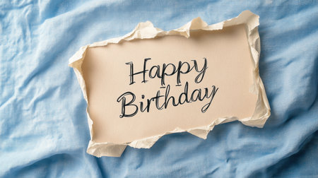 Beautiful birthday greeting card displaying "Happy Birthday" on soft blue fabric, perfect for conveying heartfelt wishes and celebrating special moments with loved ones.の素材