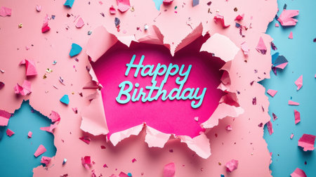 Vibrant and playful image featuring a torn paper effect with a bright "Happy Birthday" message, perfect for party invitations or social media posts celebrating special moments.の素材