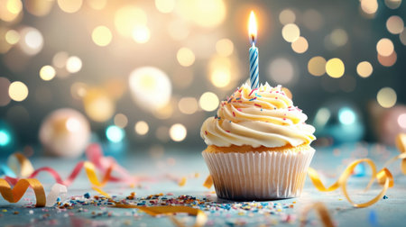A delightful cupcake with creamy frosting and a lit candle, surrounded by colorful sprinkles and festive decorations, perfect for birthday celebrations and joyous occasions.の素材