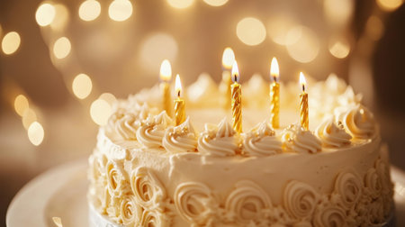 A beautifully decorated white birthday cake with golden candles glows softly in a background of twinkling lights, perfect for memorable celebrations and joyful moments.の素材