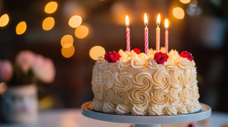 A beautifully decorated birthday cake featuring creamy frosting, delicate roses, and flickering candles set against a backdrop of soft, warm lights creates a festive ambiance.の素材