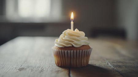 This image features a delightful cupcake topped with rich frosting and a lit candle, symbolizing celebration and joy, perfect for birthdays or special occasions.の素材