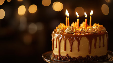 A stunning caramel cake with lit candles creates a perfect centerpiece for celebrations, surrounded by a soft bokeh background that enhances the festive atmosphere.の素材