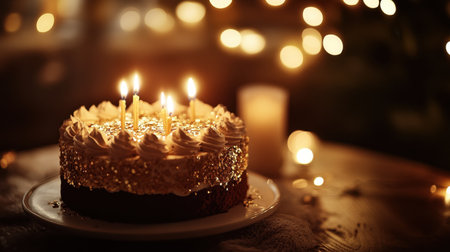 A beautifully decorated chocolate cake adorned with golden sprinkles and lit candles, creating a warm and inviting atmosphere perfect for celebrations and memorable gatherings.の素材