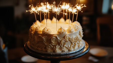 A beautifully decorated cream cake topped with sparklers, creating a festive atmosphere ideal for birthdays, anniversaries, or special celebrations, radiating joy and delight.の素材