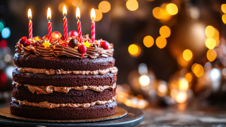 A stunning chocolate cake adorned with colorful candles and festive decorations, perfect for any celebration or special occasion to bring joy and sweetness to gatherings.の素材