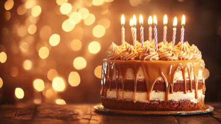 A beautifully decorated caramel drip cake with candles sits on a wooden table, illuminated by soft bokeh lights, perfect for a celebration or special occasion.の素材