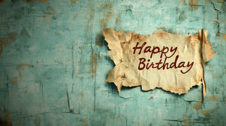 A vintage-inspired birthday greeting featuring "Happy Birthday" on aged, torn paper with a beautiful turquoise background, ideal for invitations and online posts.の素材