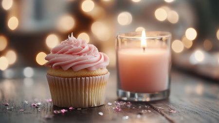 A beautifully decorated cupcake with pink frosting, paired with a soft glowing candle, creating a warm and inviting ambiance, perfect for any celebration or cozy moment.の素材
