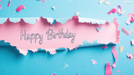 Vibrant birthday greeting showcased on a torn paper background, embellished with colorful confetti, perfect for conveying festive sentiments at parties and celebrations.の素材
