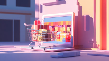 A vibrant digital shopping scene with a cart loaded with colorful gifts displayed on a screen, encapsulating the essence of modern online shopping during festive seasons.の素材
