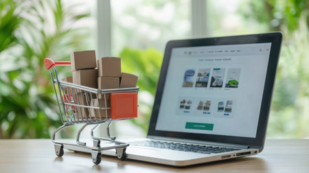 Detailed view of a shopping cart with packages next to a laptop displaying an online storefront, illustrating the modern shopping experience in a serene indoor setting.の素材