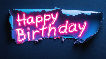 A vibrant neon "Happy Birthday" sign with a torn paper effect on a dark blue background, perfect for party decorations and festive designs celebrating special occasions.の素材