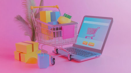 A lively arrangement featuring a shopping cart loaded with colorful gifts next to a laptop, symbolizing the joy of online shopping in a cheerful pastel setting.の素材