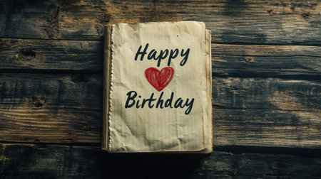 A vintage birthday card featuring a heartfelt message on a rustic wooden background, perfect for capturing the essence of celebration and personal connection.の素材