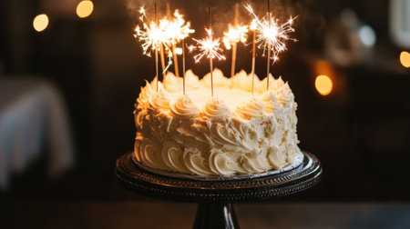 A stunning cake adorned with sparkling candles, perfect for celebrations. Its creamy texture and festive ambiance bring joy to any special occasion, creating lasting memories.の素材