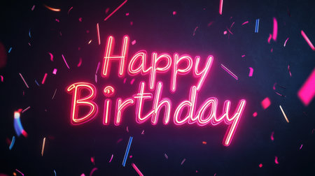 A vibrant and colorful neon design wishing "Happy Birthday" surrounded by bright confetti for a festive atmosphere, perfect for celebration and joyous occasions.の素材