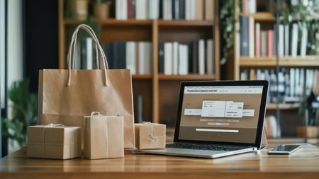 A warm and inviting home office setup featuring a laptop, shopping bags, and gift boxes on a wooden table, with books in the background, perfect for creative and relaxing work environments.の素材