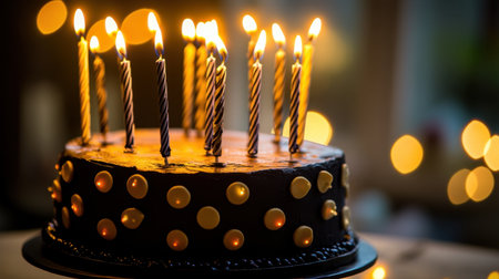 A beautiful chocolate birthday cake featuring bright candles and golden decorations, ideal for creating joyful memories at celebrations and gatherings with loved ones.の素材