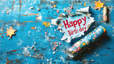 Vibrant and cheerful birthday celebration scene featuring colorful torn paper, decorations, and a rustic blue background, perfect for party invitations and festive designs.の素材