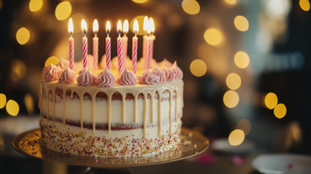 A beautifully decorated birthday cake with glowing candles stands elegantly on a table, surrounded by enchanting bokeh lights, perfect for celebrating joyful moments.の素材