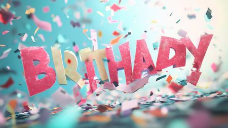 Bright and colorful birthday backdrop featuring vibrant text and scattered confetti, perfect for party invitations, decorations, and joyful celebrations filled with fun and happiness.の素材