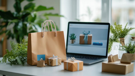 A serene workspace featuring a laptop displaying gift ideas, surrounded by beautifully wrapped presents and green plants, ideal for digital shopping inspiration and holiday planning.の素材