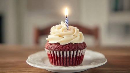 A delightful red velvet cupcake topped with creamy frosting and a festive candle, capturing the warmth of celebrations in a charming kitchen environment.の素材